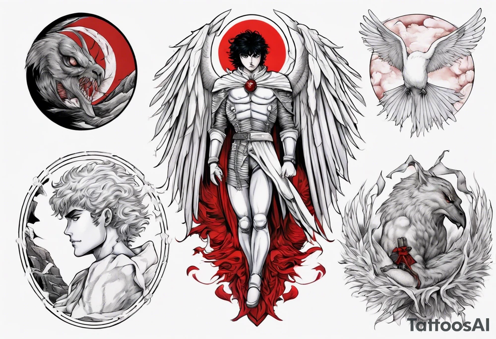 neo traditional, griffith from berserk, manga, white feather bird, red eclipse, forearm tattoo tattoo idea