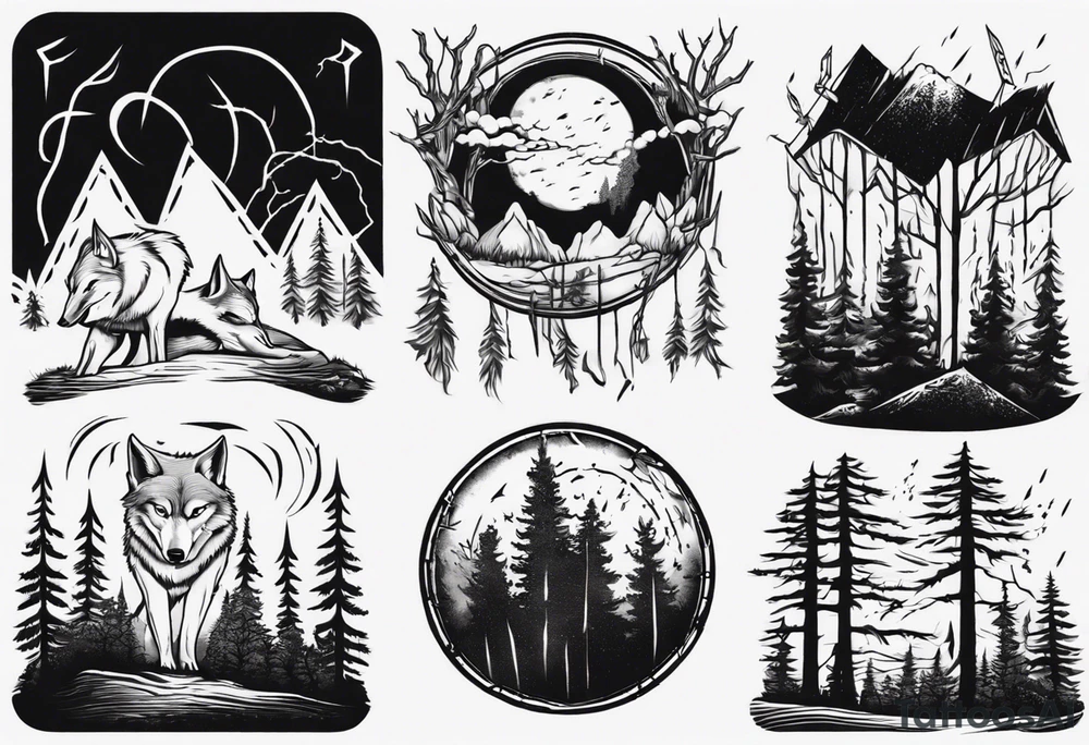 lightning storm over a forest with a distant wolf howling, including drums tattoo idea lightning storm over a forest with a distant wolf howling, including drums tattoo idea
