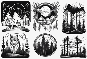 lightning storm over a forest with a distant wolf howling, including drums tattoo idea