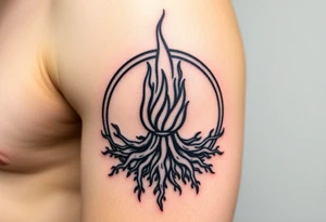 flame in a blooming roots circle tattoo idea