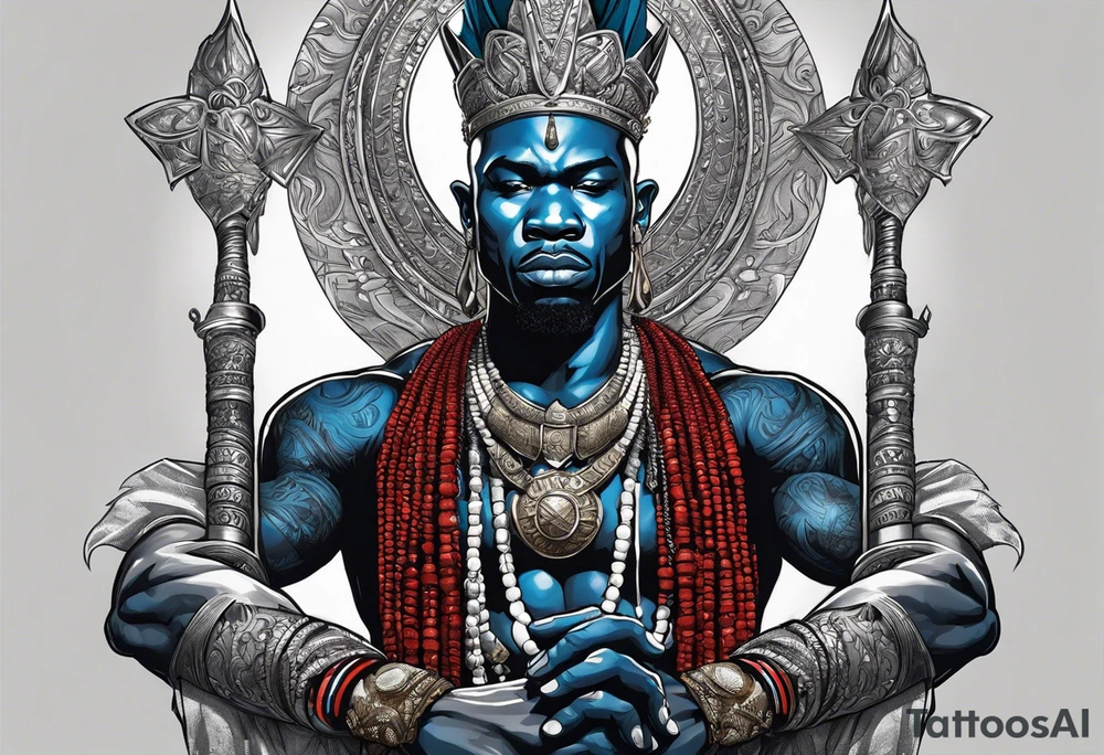 An african god, a bald warrior, that uses a sword and a silver crown. He also uses blue and red necklaces tattoo idea