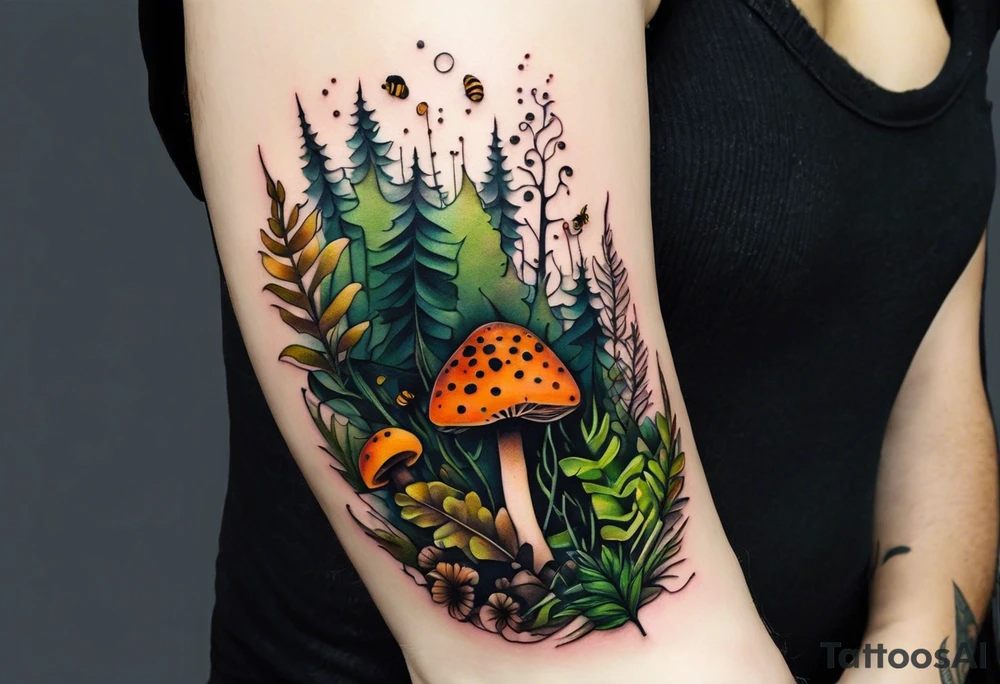 minimalistic forest floor inspired tattoo, which includes grass, moss, curly ferns and dead leaves as the bulk of the tattoo. details to include: forest berries, couple of very small brown mushrooms, a tiny bumblebee flying nearby tattoo idea