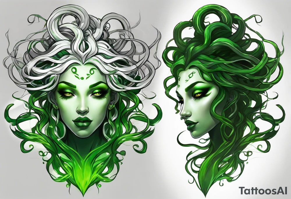Full body 
Here is a rough sketch of your Medusa tattoo concept:

- **Medusa's Full Body**: Positioned in the center, floating.
- **Glowing Eyes**: Highlighted in white to stand out against her green complexion.
- **Green Snakes for Hair**: Radiating in various directions from her head.
- **White Sheer Dress**: Flowing down her body, semi-transparent to hint at her form beneath.

This sketch captures the basic elements and composition. For a final design, a tattoo artist can add intricate details, shading, and texture to bring Medusa to life with the ethereal and mystical qualities you described. tattoo idea