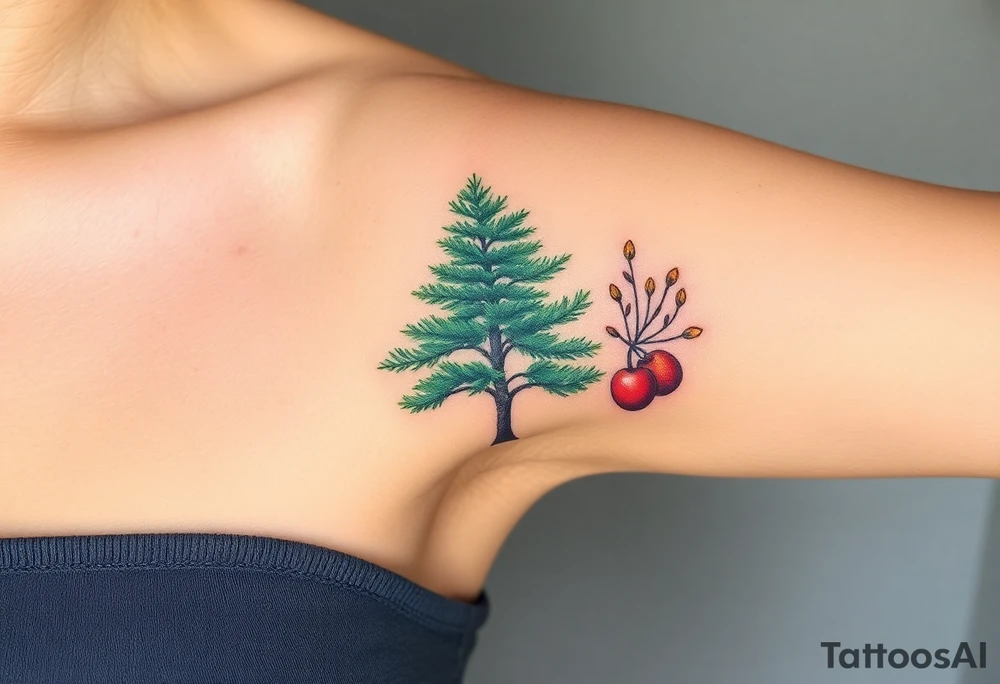 Tree tattoo. Three trees. Cedar pine cherry. Upper arm. tattoo idea