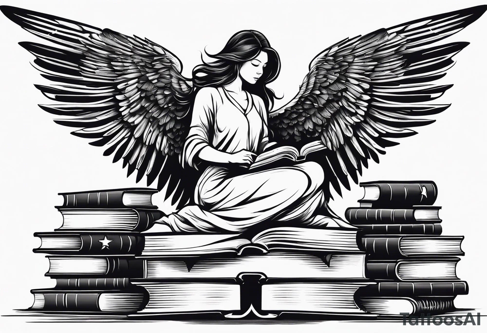 Angel kneeling next to open stack of books with bird silhouettes flying out of the book. tattoo idea