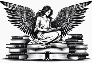 Angel kneeling next to open stack of books with bird silhouettes flying out of the book. tattoo idea