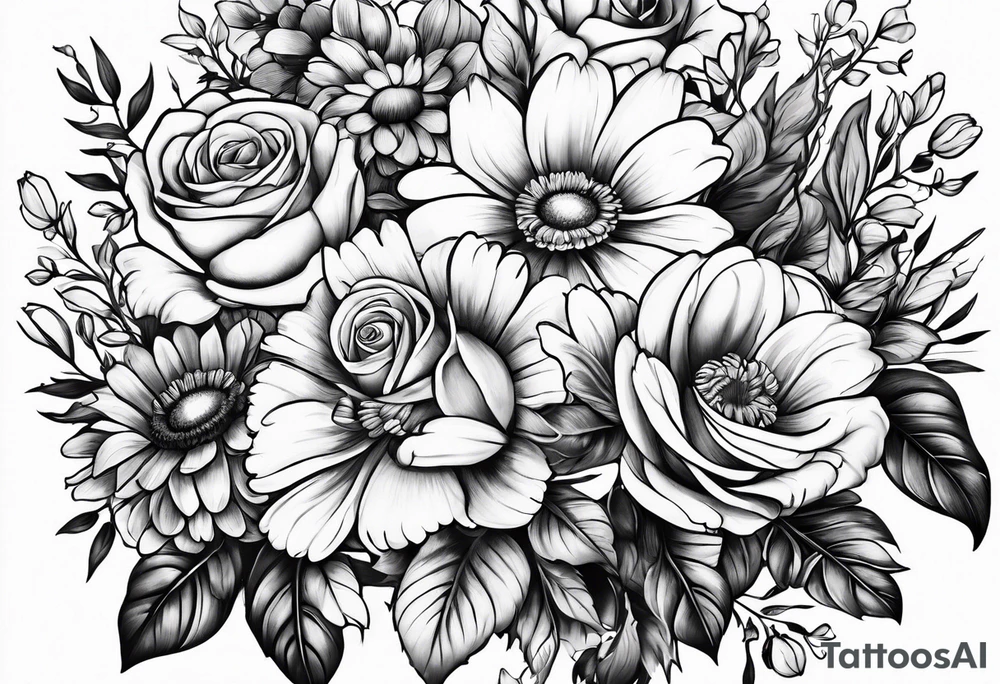 Boquet of daisys and roses on fire tattoo idea