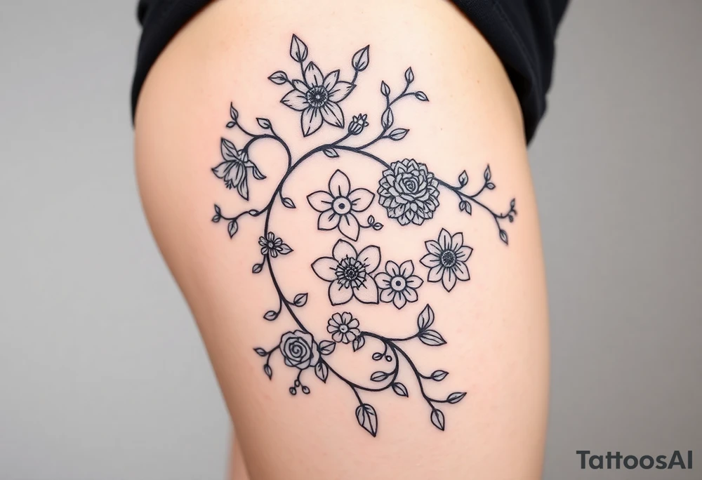 Vine with flowers: daffodil,
Lily, chrysanthemum, rose, aster, narcissus tattoo idea