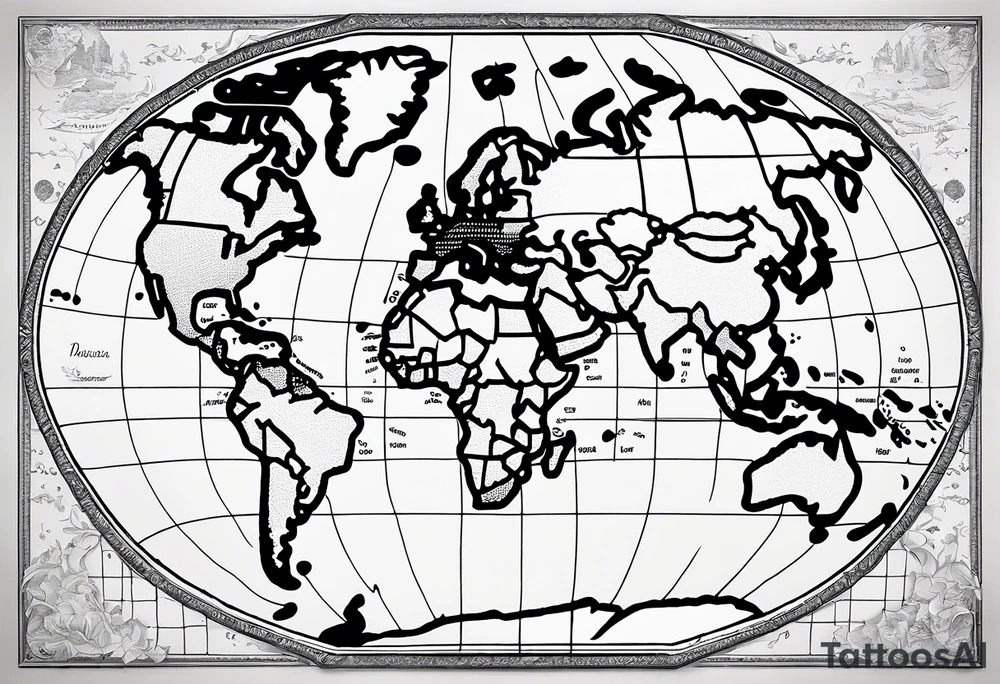 the earth with accurate borders of countries on a flat map design without bold borders with very light shading placed on a grid which only has the lines tattoo idea