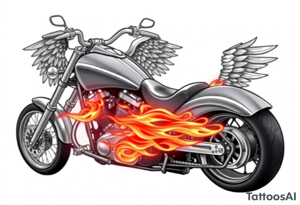 Low rider grey motorcycle, big muffler pipes with flames, angel wings, driving away, no person tattoo idea