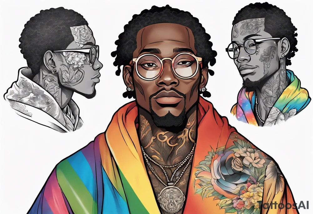 a handsome black man wearing round glasses and a rainbow cloak tattoo idea