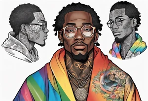 a handsome black man wearing round glasses and a rainbow cloak tattoo idea