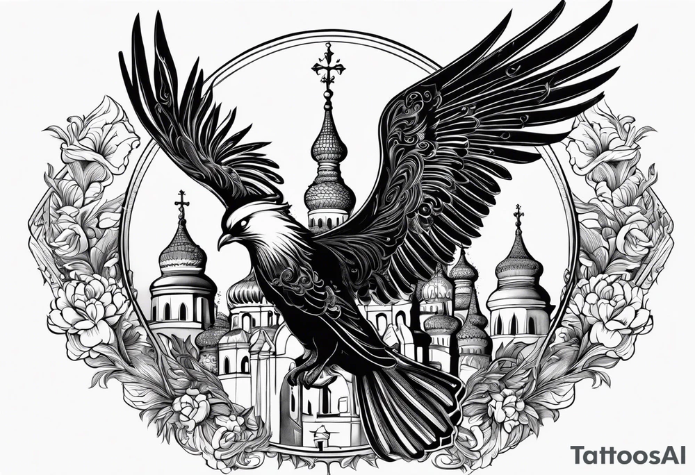 russian firebird in-flight with fancy tail and small onion cap monastery towers in background, with "Isaiah 43: 18-19" tattoo idea