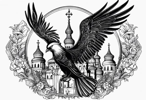 russian firebird in-flight with fancy tail and small onion cap monastery towers in background, with "Isaiah 43: 18-19" tattoo idea