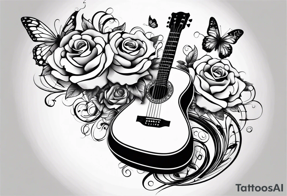 Acoustic guitar treble clef, roses and butterflies on the right side only tattoo idea