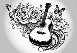 Acoustic guitar treble clef, roses and butterflies on the right side only tattoo idea