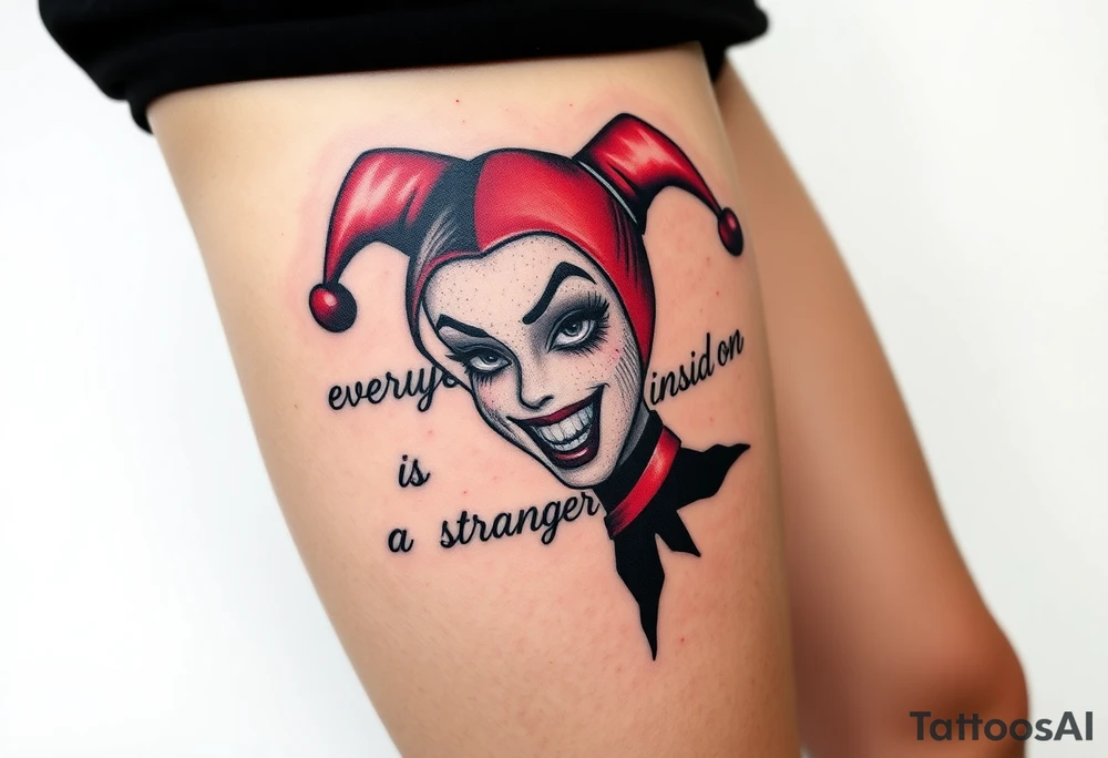powerful Harley Quinn inspired piece using the quote or based of the idea of the quote “everyone has a stranger inside them” representing madness and genius, light and dark, good and evil tattoo idea