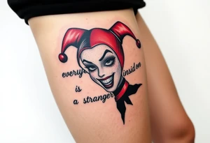 powerful Harley Quinn inspired piece using the quote or based of the idea of the quote “everyone has a stranger inside them” representing madness and genius, light and dark, good and evil tattoo idea