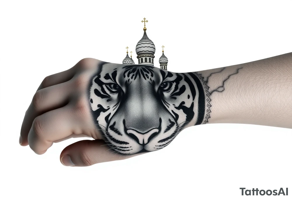 Realistic tiger face on the back of the hand with strong contrast and fine detail with hollow black eyes. with a highly detailed Russian Orthodox cathedral sitting above on fore arm with onion domes and orthodox crosses, done in fine line, engraving-like style. Cohesive composition, black ink only, no color, high contrast, slightly aged, documentary-style, plain light background. with clouds above and a virgin mary 
spanning from my hand to lower fore arm tattoo idea