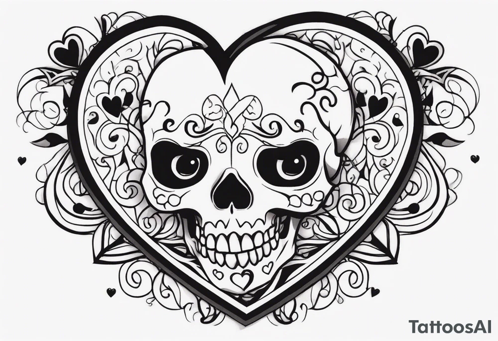 One skeleton with eyes in the shape of hearts, one skeleton sitting tattoo idea