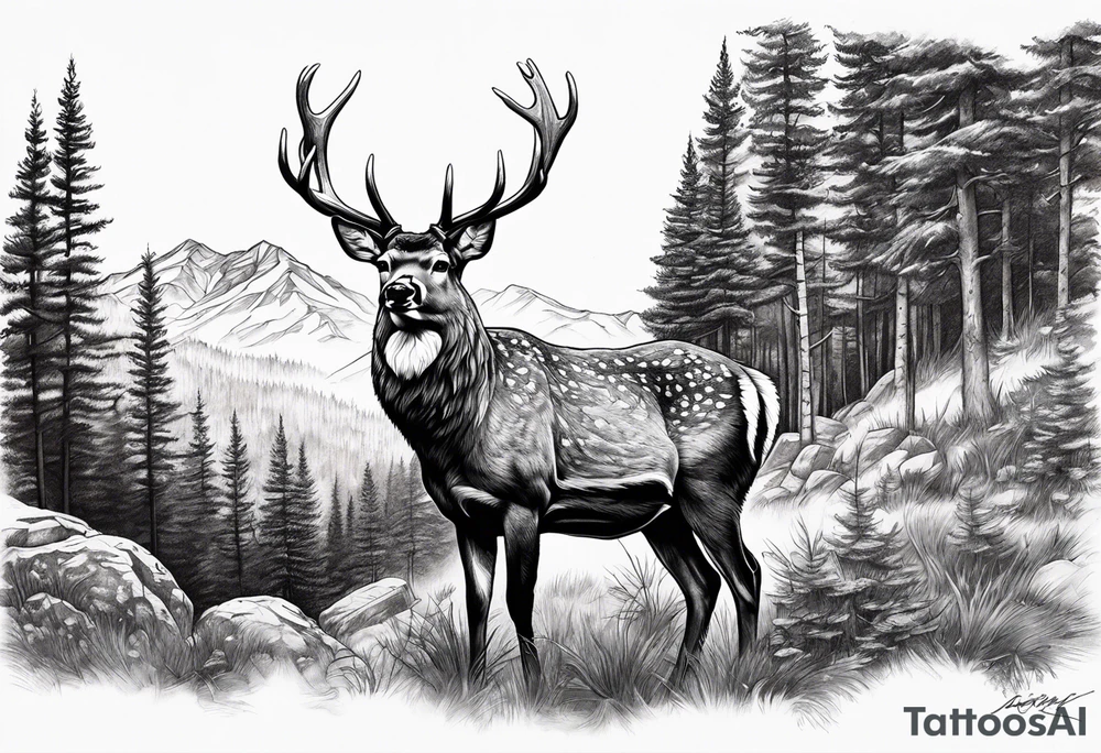 deer head mountain forest tattoo idea
