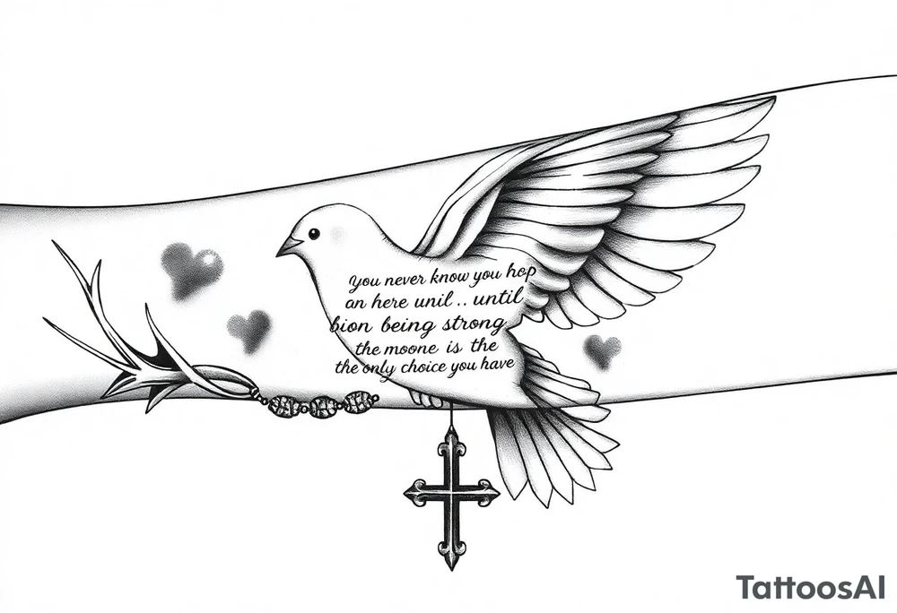 on the entire front arm the whole one its a black person skin and on the wrist is thorns on front of that is a dove and middle theres words that say you never know how strong you are until being strong is the only choice you have with prayer beads around all the words while also having a unique cross on the side of the dove near the area and and above the words theres also a bigger dove and i want a unwiue cross on the side of that too the diver is below the elbow also i want barbed wite wings on the doves and in the body of the dove by the wrist a small number 7 and on the body of the bigger dove i want it to say 1984 also do some nice shading around whats not filled kinda dark but like like super heavenly realistic clouds kinda super realistic and stuff this is all on the whole feont arm covering it tattoo idea
