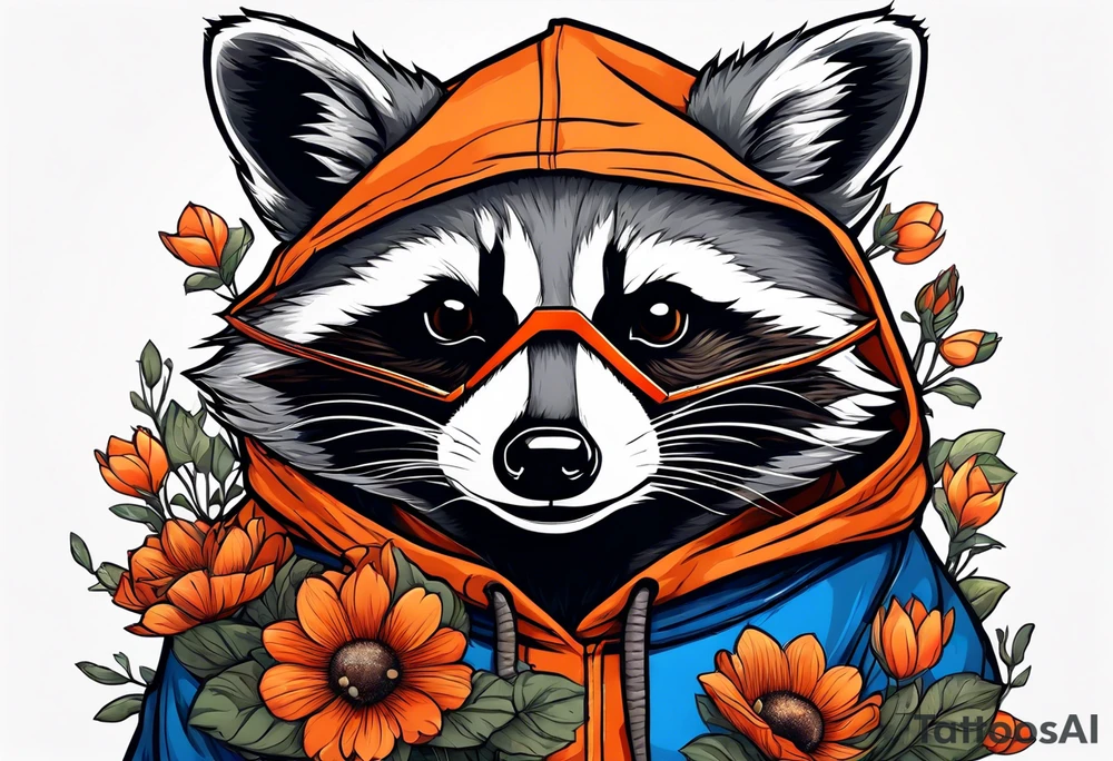 raccoon wearing a Superman hoodie with orange flowers tattoo idea