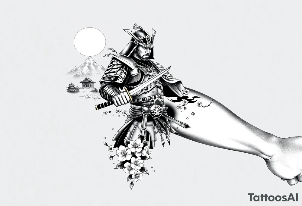 Design an all-black full arm sleeve tattoo featuring a Japanese samurai in full armor with a katana, positioned dynamically. Surrounding the samurai are flowing cherry blossoms, a misty mountain range, and traditional Japanese structures like a pagoda. On the inner forearm, include a detailed Oni mask with sharp features and exaggerated shading. Use dark, dense black ink to create depth, with smooth transitions between the elements, blending the samurai, blossoms, mask, and mountains into a cohesive, flowing design tattoo idea