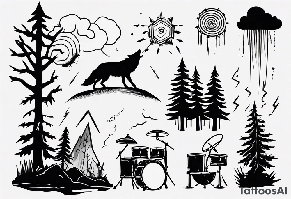 thunderstorm over a forest with a wolf howling on drums tattoo idea thunderstorm over a forest with a wolf howling on drums tattoo idea