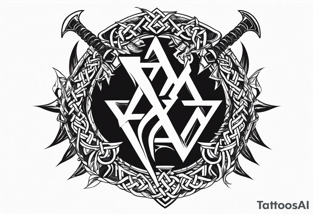 Valhalla sword shield dragon axe barbed wire chains valknut fire tattoo idea Valhalla sword shield dragon axe barbed wire chains valknut fire tattoo idea
