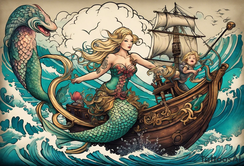 Beautiful blond mermaid riding a giant octopus with her young merman son in the ocean with a pirate ship in the distance tattoo idea