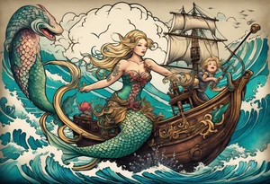 Beautiful blond mermaid riding a giant octopus with her young merman son in the ocean with a pirate ship in the distance tattoo idea