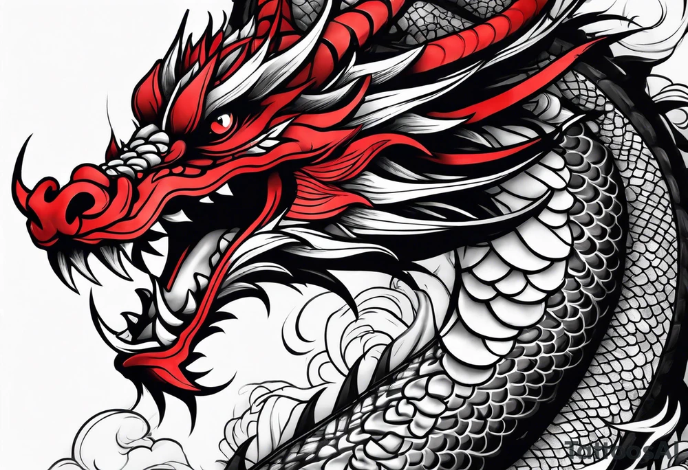 dragon irezumi arm sleeve in black and red tattoo idea