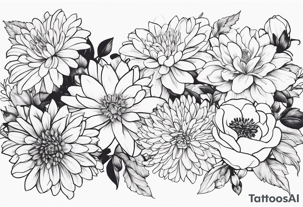 Asters, roses, Lillies, chrysanthemums in a long line tattoo idea