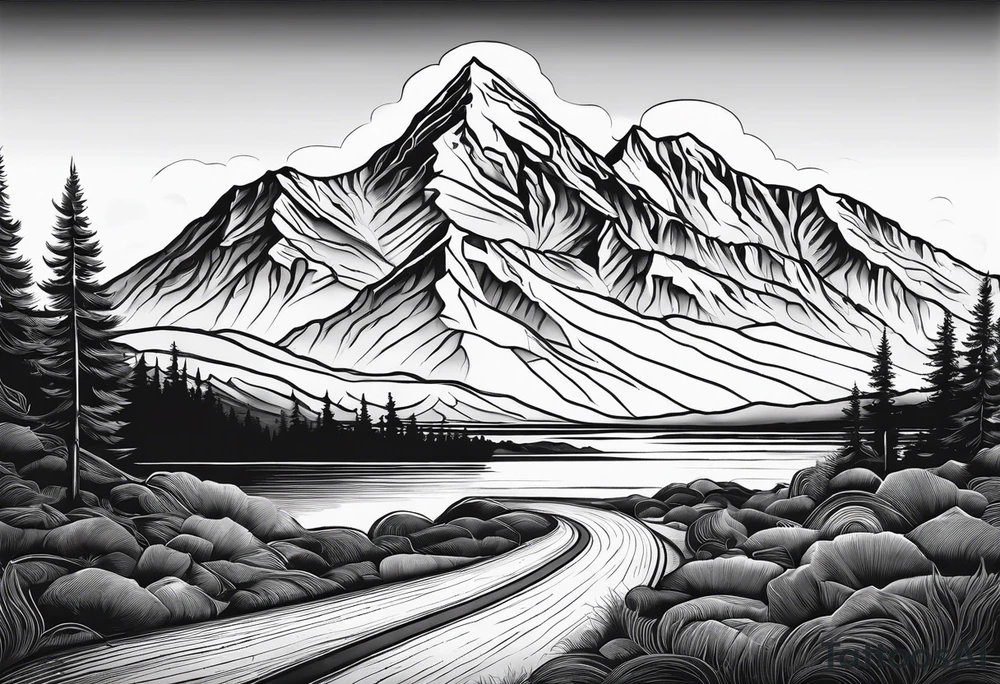 mountains, road, lake, yurt, sun tattoo idea