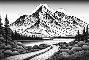 mountains, road, lake, yurt, sun tattoo idea