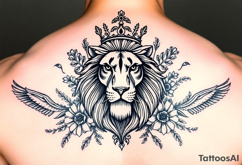 powerful majestic lion with a crown, surrounded by floral ornaments and birds tattoo idea