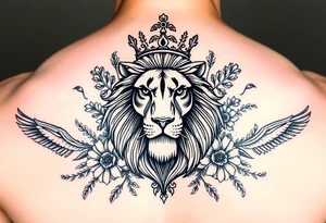 powerful majestic lion with a crown, surrounded by floral ornaments and birds tattoo idea