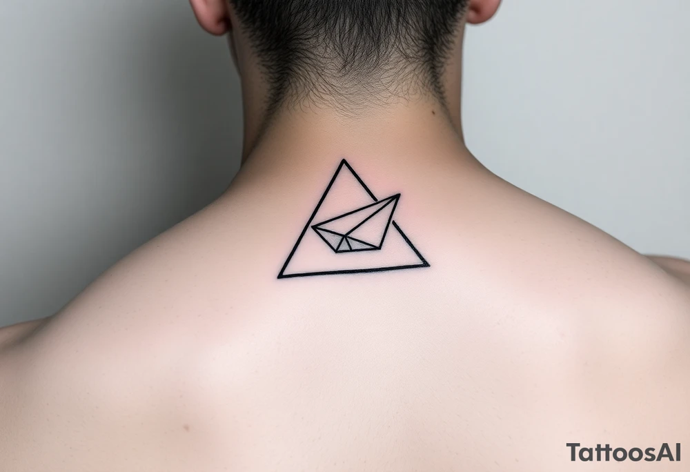 Small geometric triangle with a geometric paper plane with fine thin lines flying around the world with fine thin lines tattoo idea
