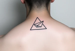 Small geometric triangle with a geometric paper plane with fine thin lines flying around the world with fine thin lines tattoo idea