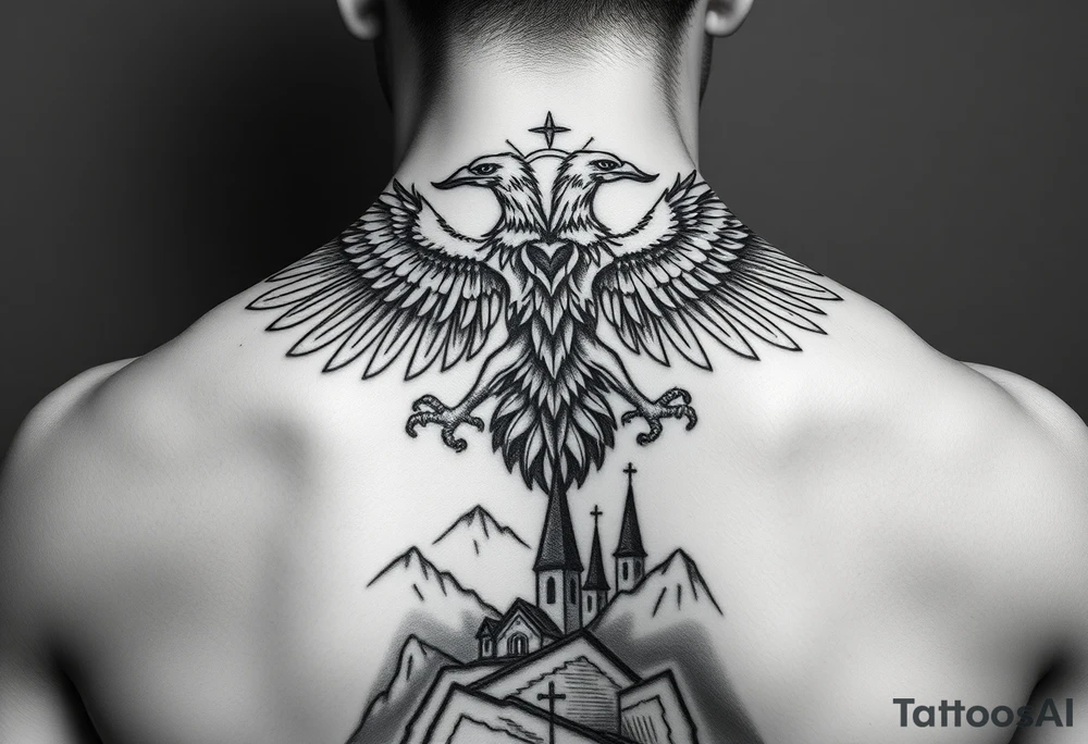 i am looking at getting a russian / serbian style double headed eagle like the coat of arms spread out on my back neck across my shoulders / traps in a orthodox christian church style setting with a sun beaming and in a mountainous setting, such as a Sovereign of the Mountain and an orthodox church in the background with the spire of the church being visible on my neck tattoo idea