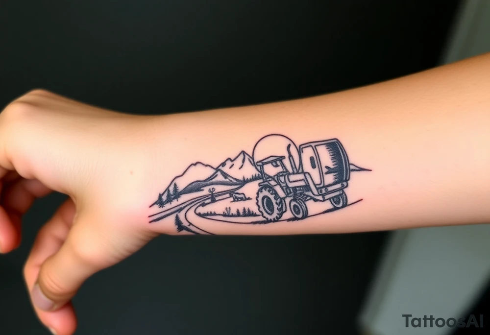 mountain, road, vantage tractor, cow, sunset tattoo idea