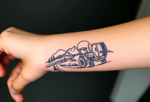 mountain, road, vantage tractor, cow, sunset tattoo idea