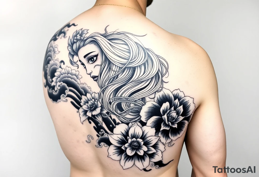 Full sleeve Japanese-inspired tattoo design featuring a beautiful female oni (demon woman) with an elegant, mysterious expression, one hand partially covering her face, long flowing hair integrated into swirling wind and wave patterns, large detailed chrysanthemums and peonies woven through the composition, dynamic negative space with bold black fills and smooth gradients, traditional Japanese cloud and water motifs, high-contrast black and grey with soft shading and sharp linework, balanced composition wrapping around the arm, style. tattoo idea