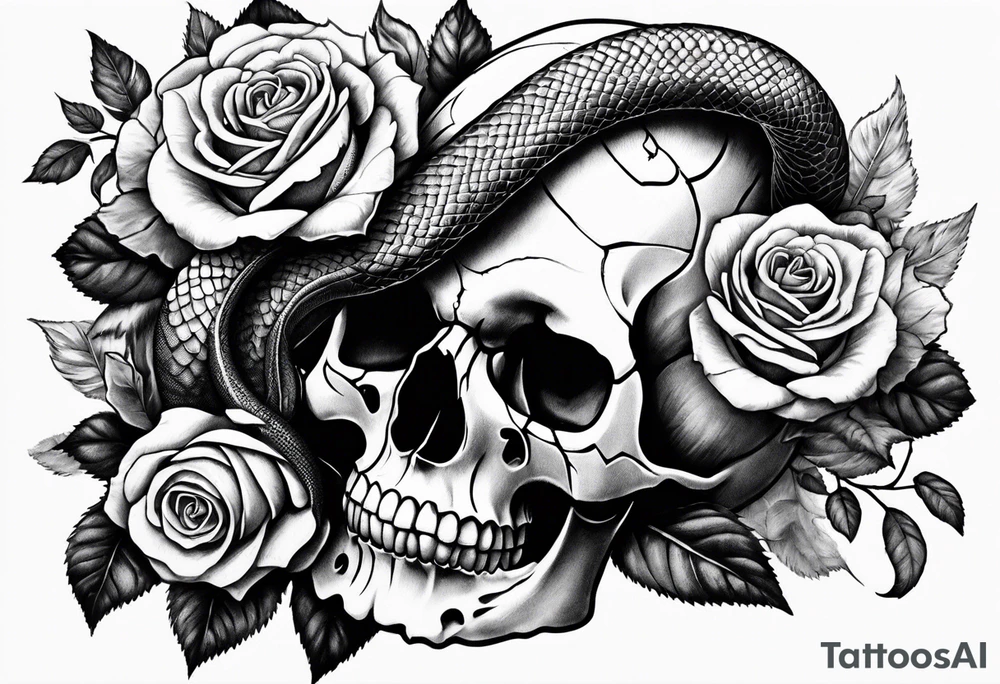 A skull with a snake wrapped around it and roses bordering all of it tattoo idea