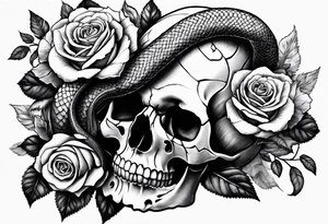 A skull with a snake wrapped around it and roses bordering all of it tattoo idea