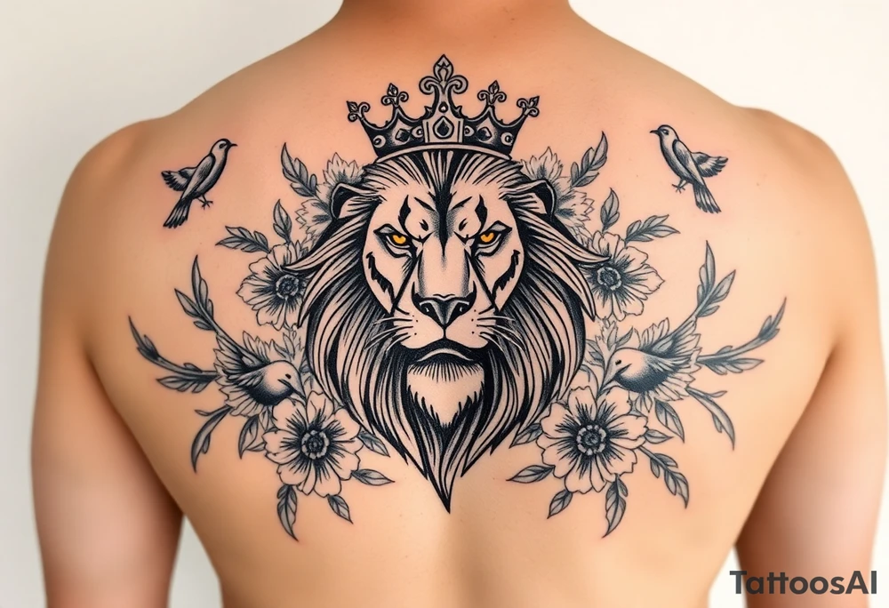 powerful majestic lion with a crown, surrounded by floral ornaments and birds tattoo idea