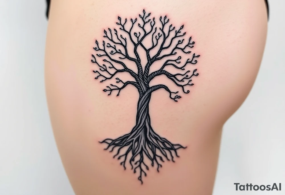 mystical tree of life with cosmic roots and celestial branches tattoo idea