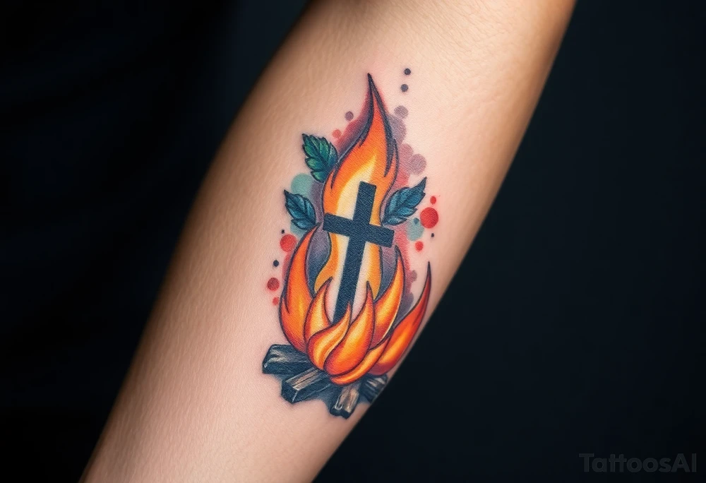 Campfire with a cross hidden in the flames tattoo idea