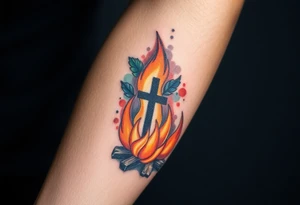 Campfire with a cross hidden in the flames tattoo idea